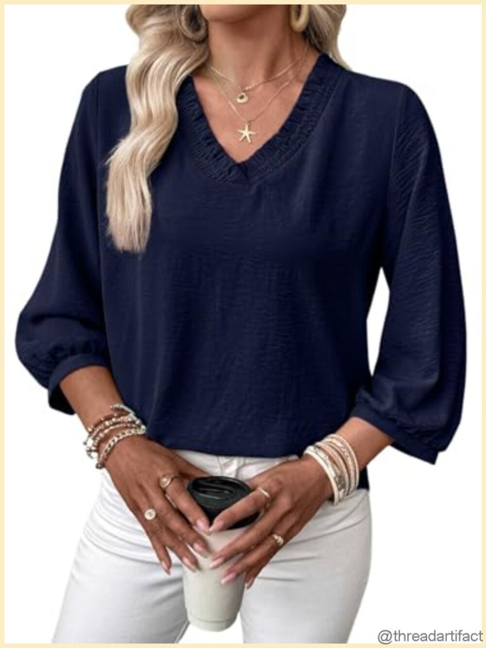Women Smocked V-Neck 3/4 Sleeve Loose Fit Tunic Top Blouse